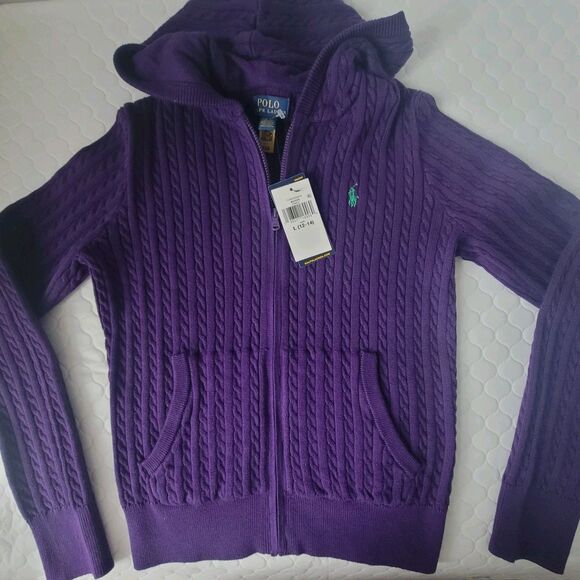 NWT Ralph Lauren Big Girls Cable Cotton Full Zip Hoodie Purple Size 12/14 Large - Picture 3 of 14